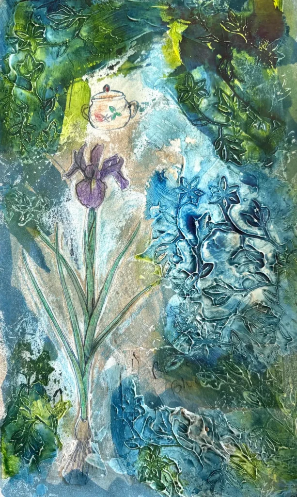 Sketchbook with wood block stamped in gesso and painted by Sonja Lee-Austin