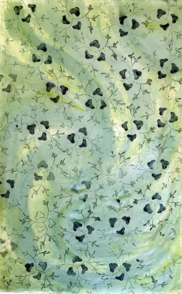 Art cloth printed with wood block stamp by Sonja Lee-Austin