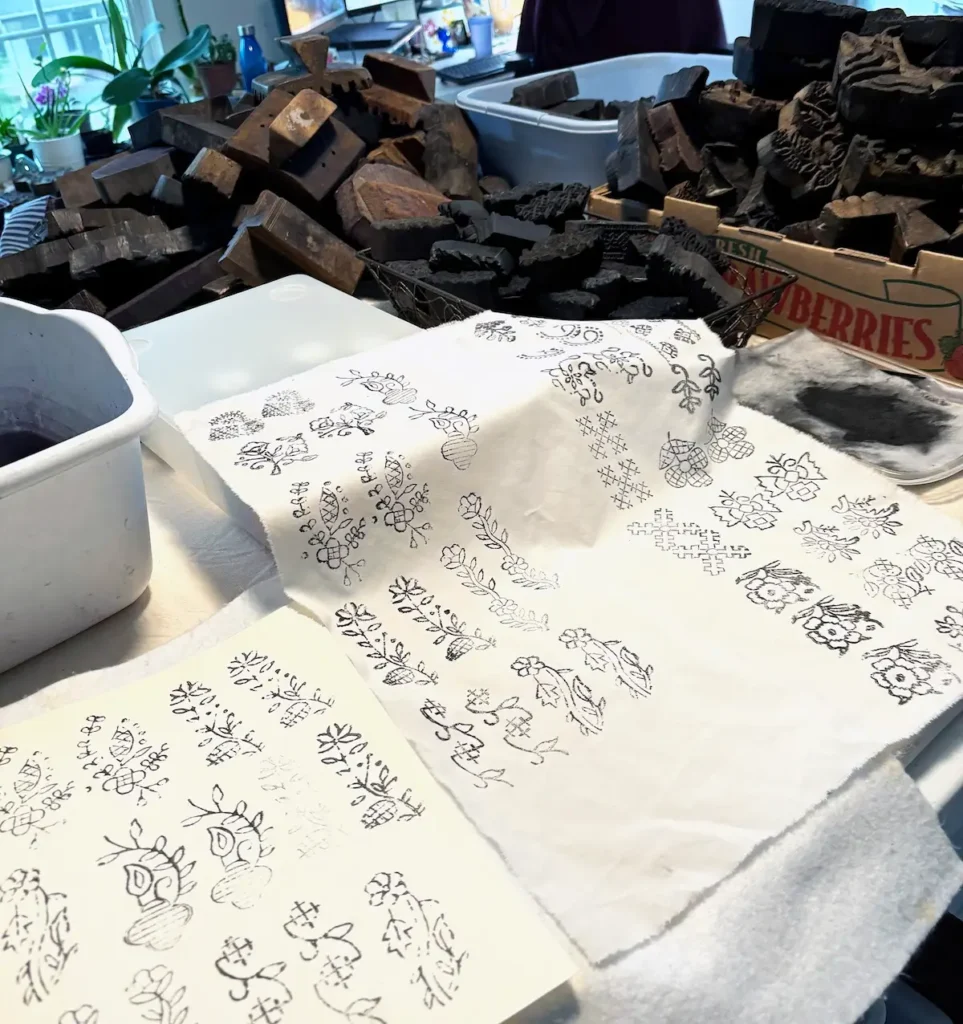 Sample stamping with antique wood block stamps by Sonja Lee-Austin