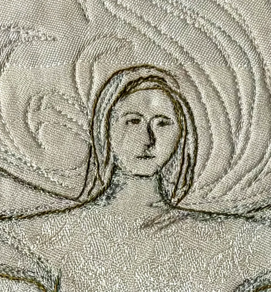 Detail of What's Ideal fiber art by Sonja Lee-Austin