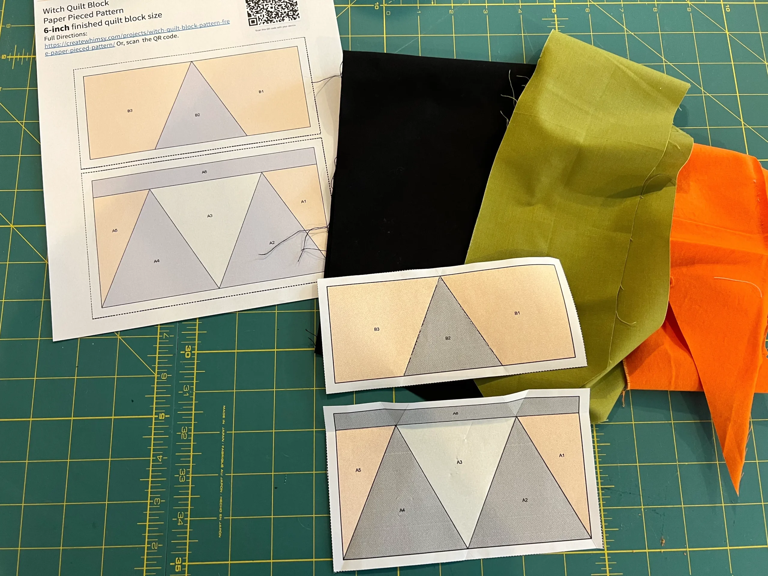 Supplies needed to make the Witch quilt block