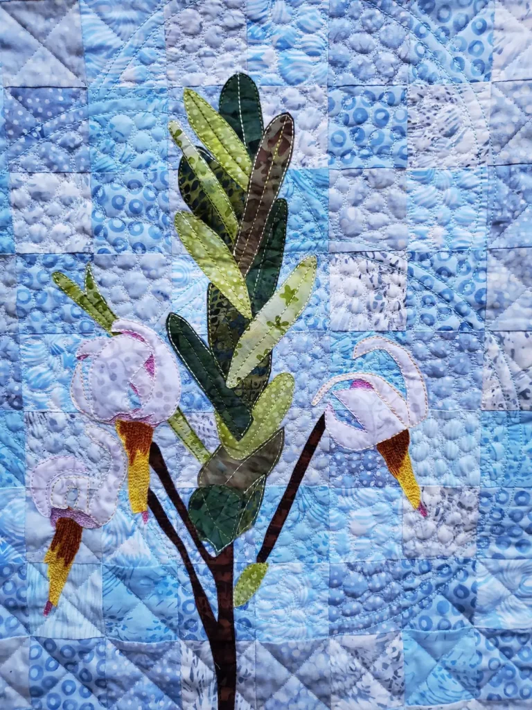 Low-Hanging Fruit cranberry blossoms art quilt by Becca Fenstermaker