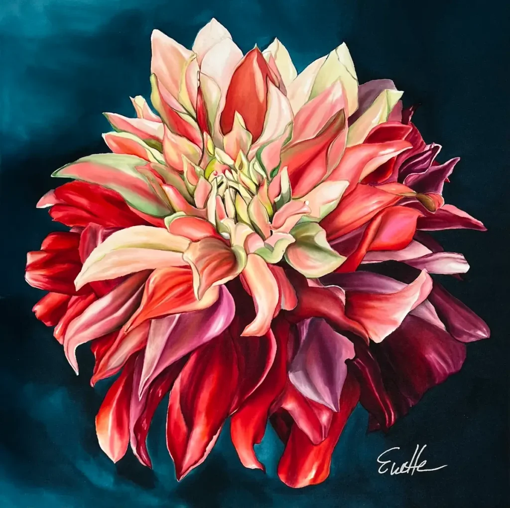 Midnight Dahlia silk painting by Evette Allerdings