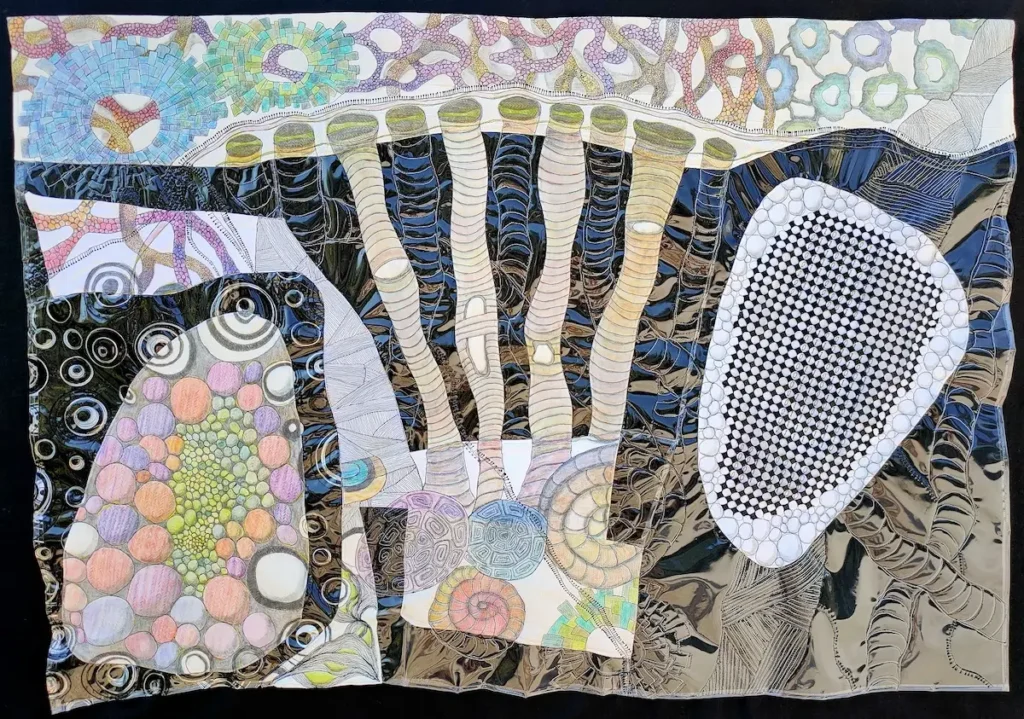 Cellular Entanglement fiber art on a black background by Mattea Jurin