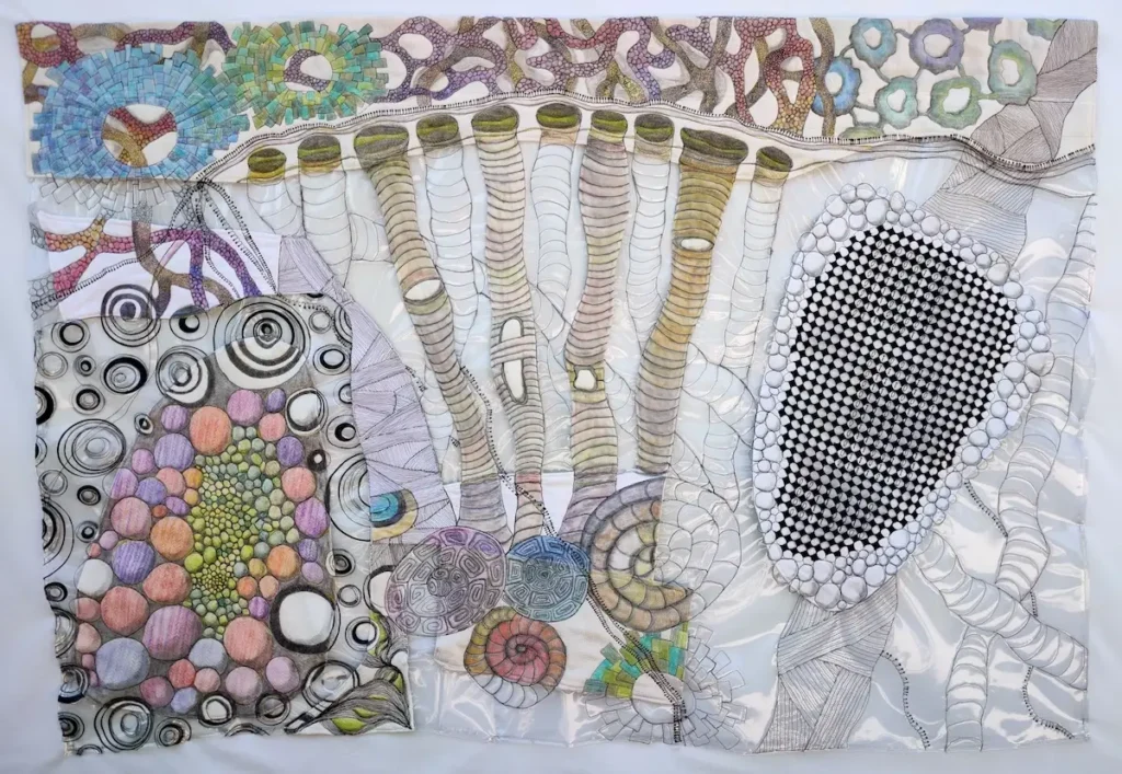 Cellular Entanglement fiber art on a white background by Mattea Jurin