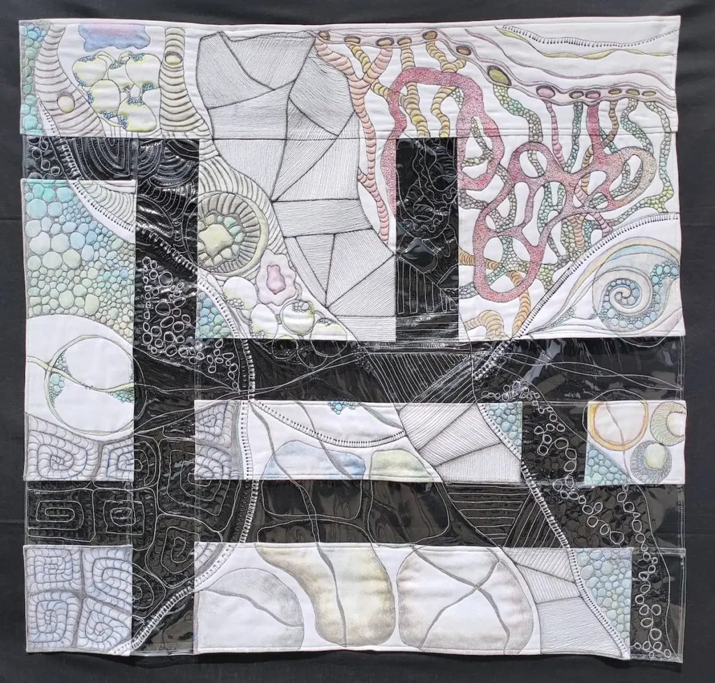 Cellular Explorations - Wide Horizons fiber art on a black background by Mattea Jurin