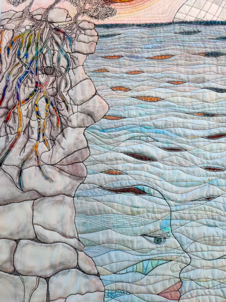 Detail of The Ocean We Crossed, The Shores We Called Home fiber art by Mattea Jurin
