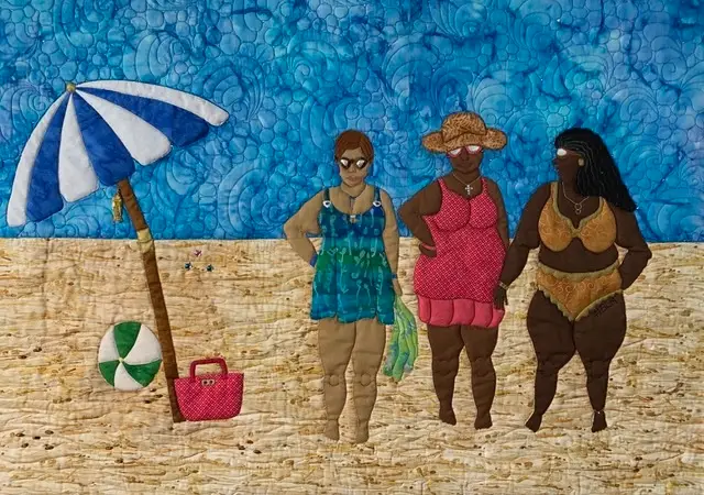 Three ladies at the beach fiber art by Renée Fleuranges-Valdes
