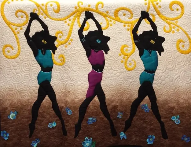 Three dancers fiber art by Renée Fleuranges-Valdes