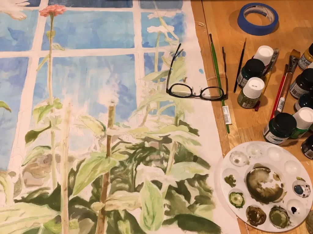 Butterfly and Flowers silk painting by Susan Polansky