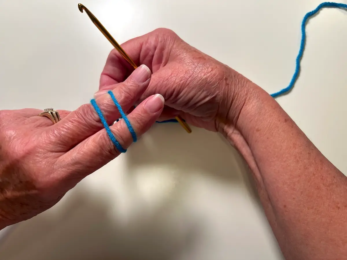 On the front of your fingers there should be two parallel lines of yarn to make the magic ring to crochet the granny square