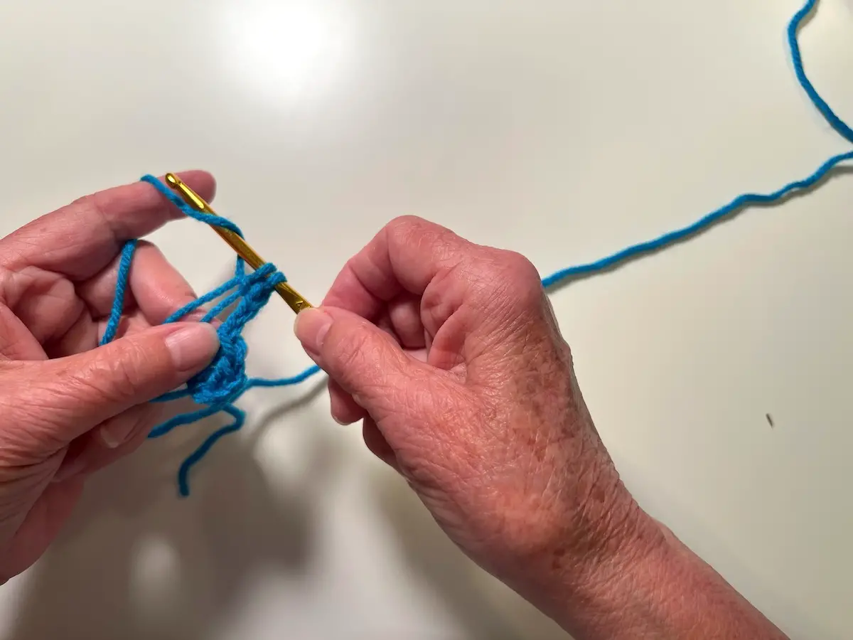Wrap the yarn around the crochet hook for the first stitch in the second set of stitches for the center of the granny square