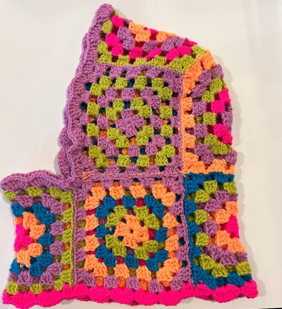 Another view of the finished bright granny square balaclava