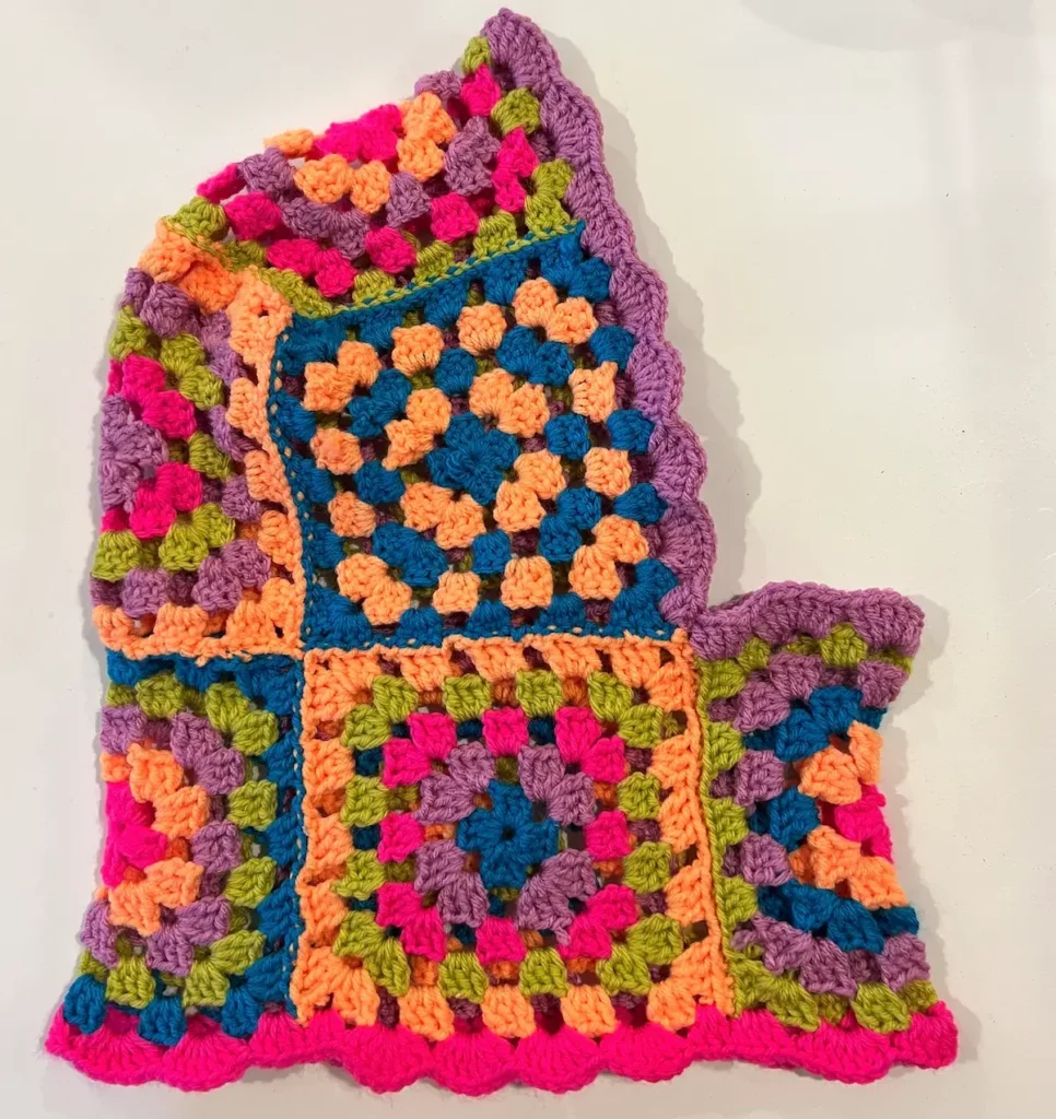 Finished bright yarn granny square balaclava