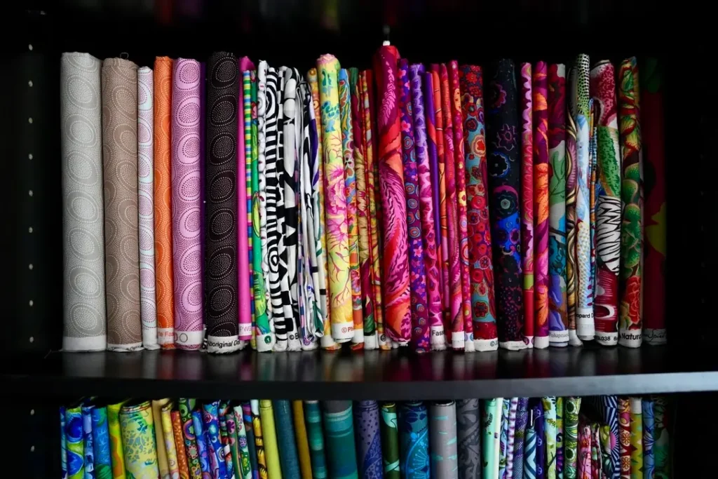 Close up of Kimberly Bennefield fabric on shelves