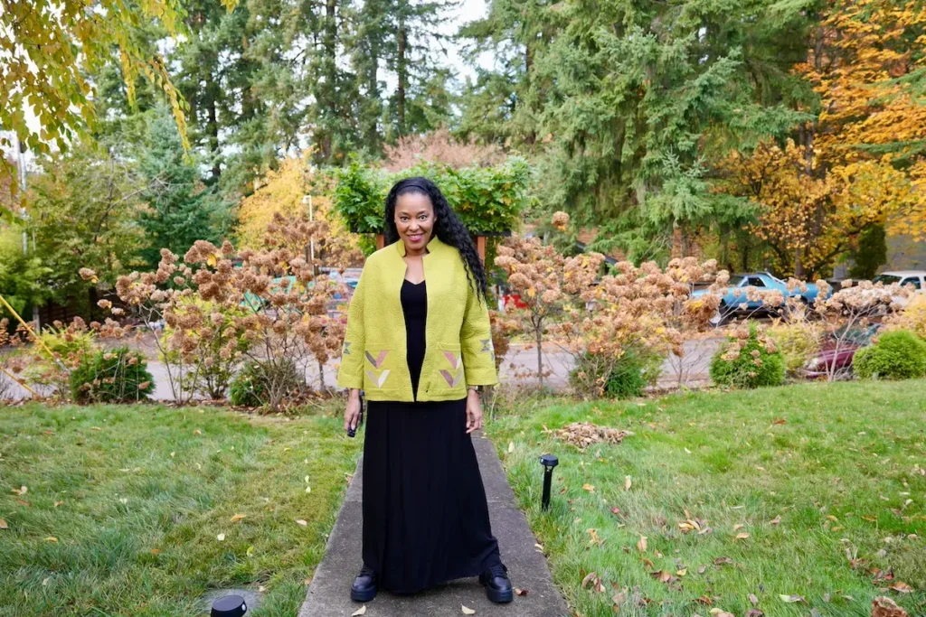 Kimberly Bennefield in her chartreuse quilt coat