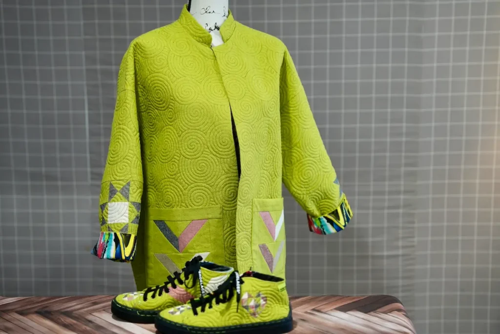 chartreuse quilt coat and matching shoes by Kimberly Bennefield