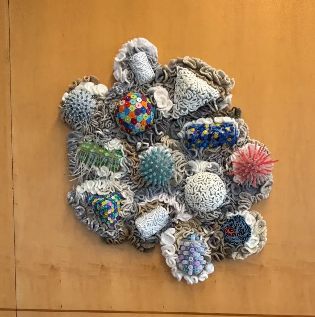 Reef at USCF Library fiber art by Ruth Tabancay