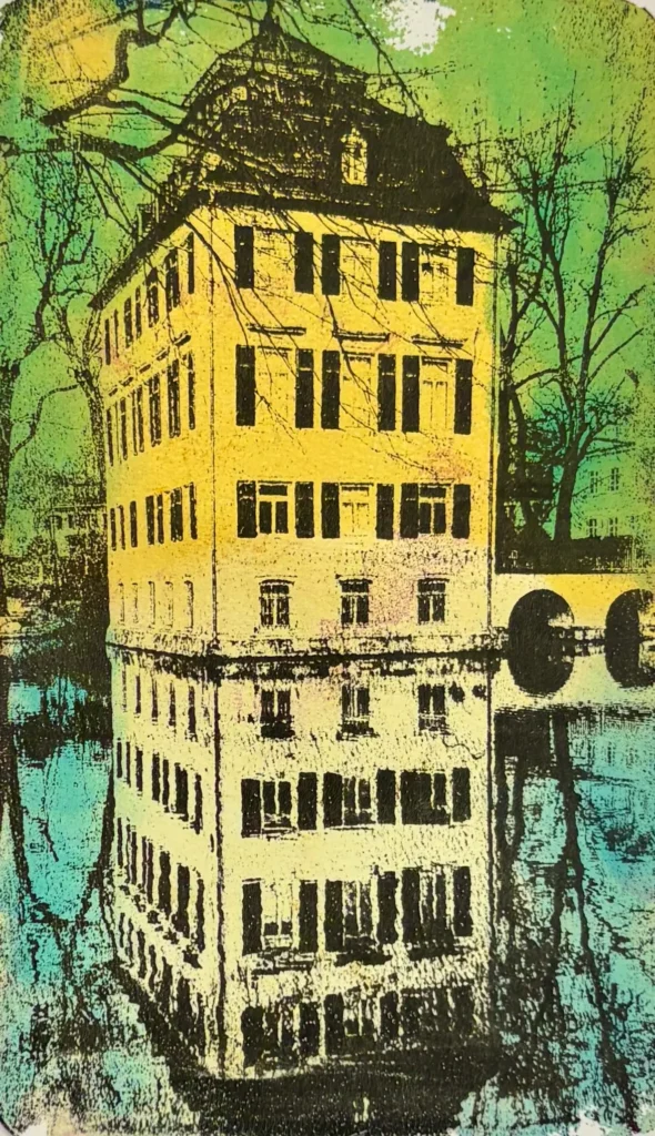 Laser Image Transfer Print of a building an a bridge by Birgit Koopson