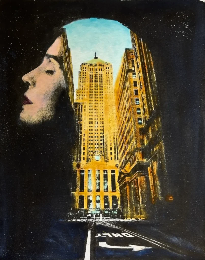 Laser image transfer print of a woman's face and buildings by Birgit Koopson