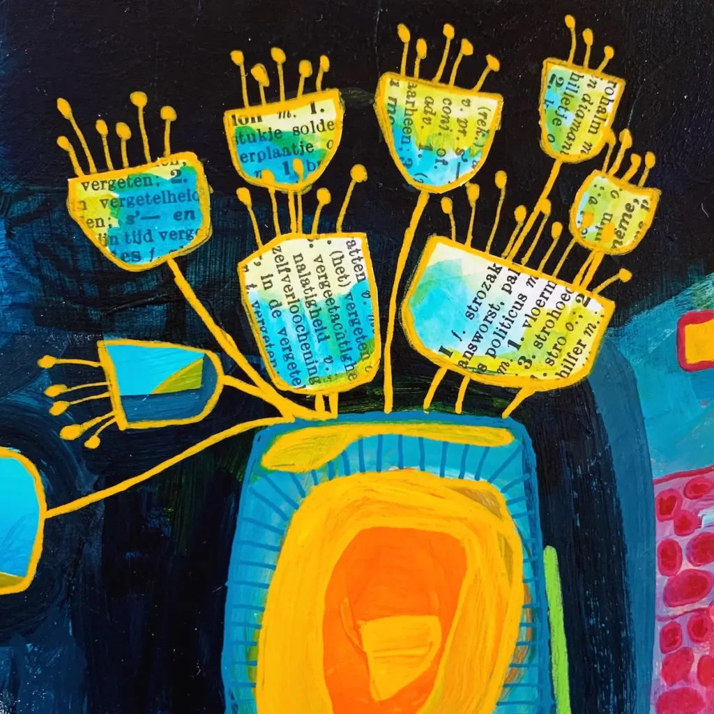 Flower vase mixed media on paper by Birgit Koopson