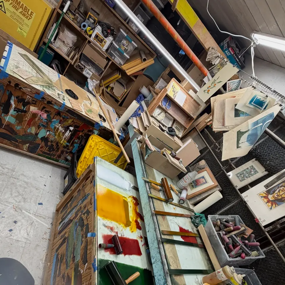 Showing one of the work benches in Charles Spitzack studio