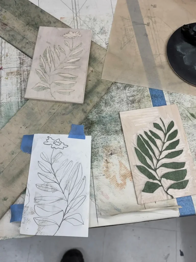 Showing the work in progress for a block print by Charles Spitzack