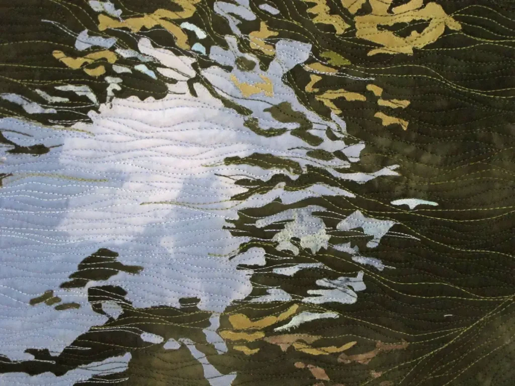 Detail of Jesters Pond fiber art by Donna Deaver