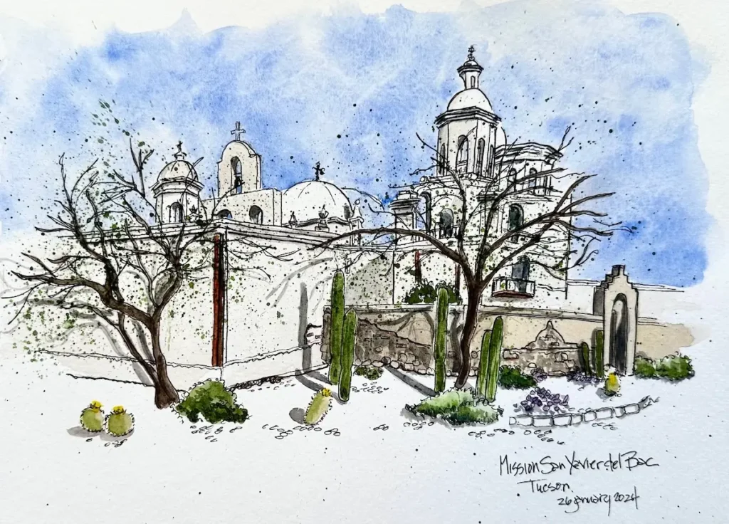Mission San Xavier del Bac in Tucson watercolor by Donna Deaver