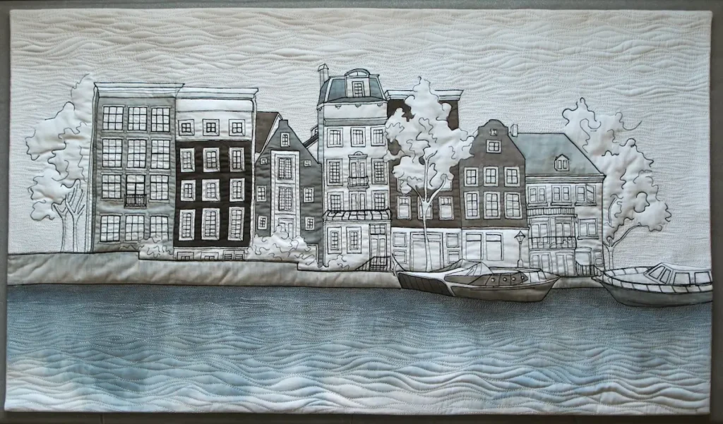View from the Water, Amsterdam fiber art by Donna Deaver