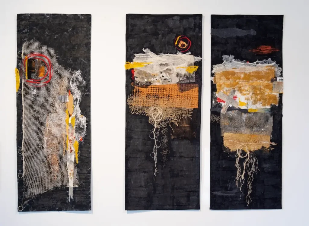 The Catch Triptych textile art by Fenella Davies
