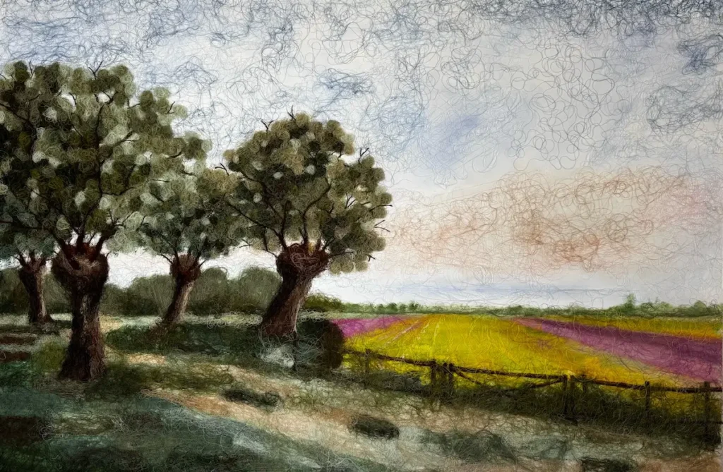 A Landscape of Memories fiber art by Irmgard Geul