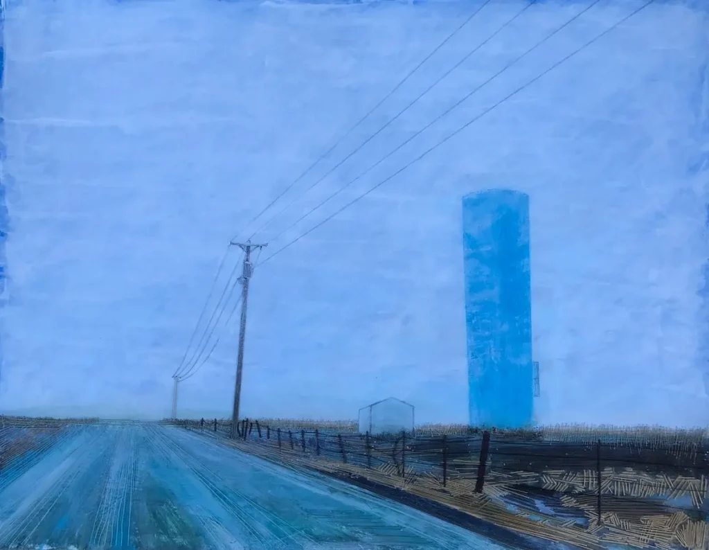 Blue Water Tower fiber art by Irmgard Geul