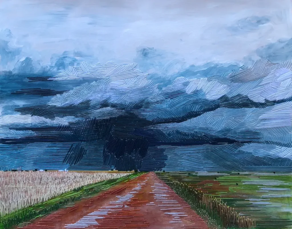 Red Dirt Road fiber art by Irmgard Geul