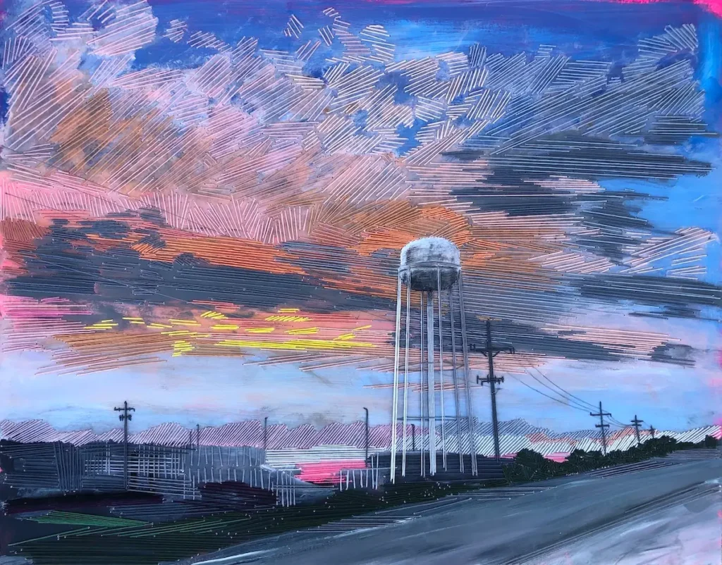 White Water Tower fiber art by Irmgard Geul