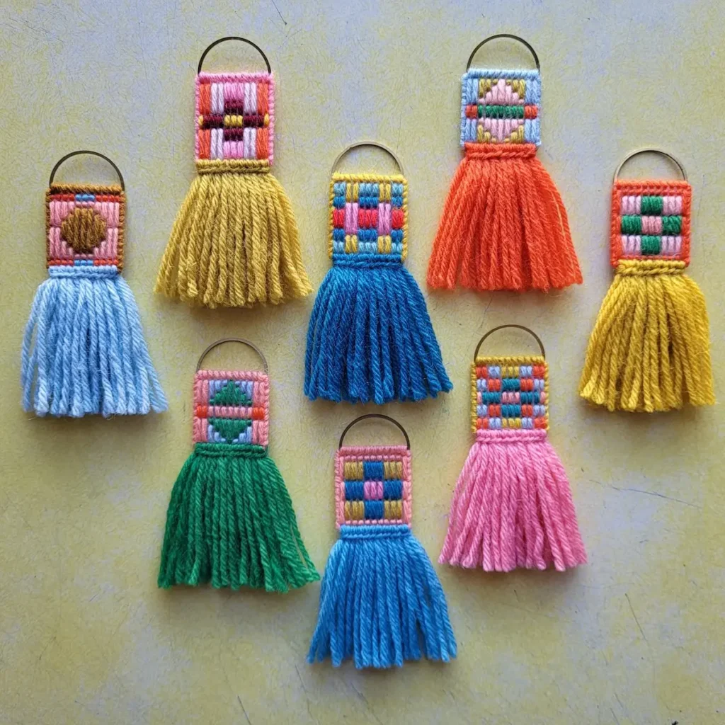 Needlepoint key rings by Miesje Chafer