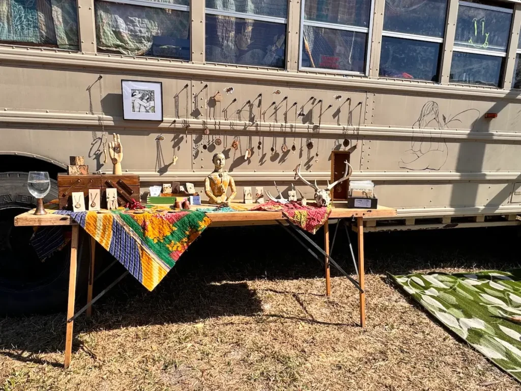 Wall paper pasting table outside of Nikki Mays bus