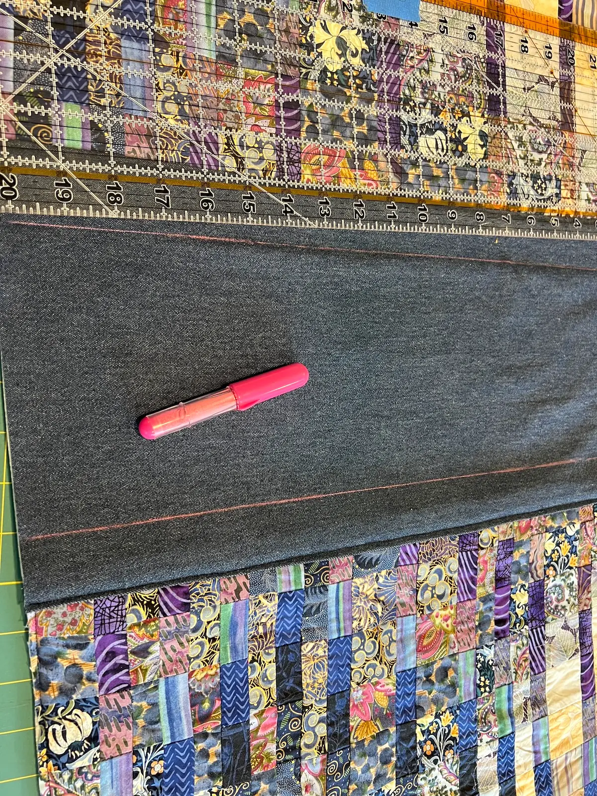 Blue patchwork bag mark stitching lines on the bottom fabric