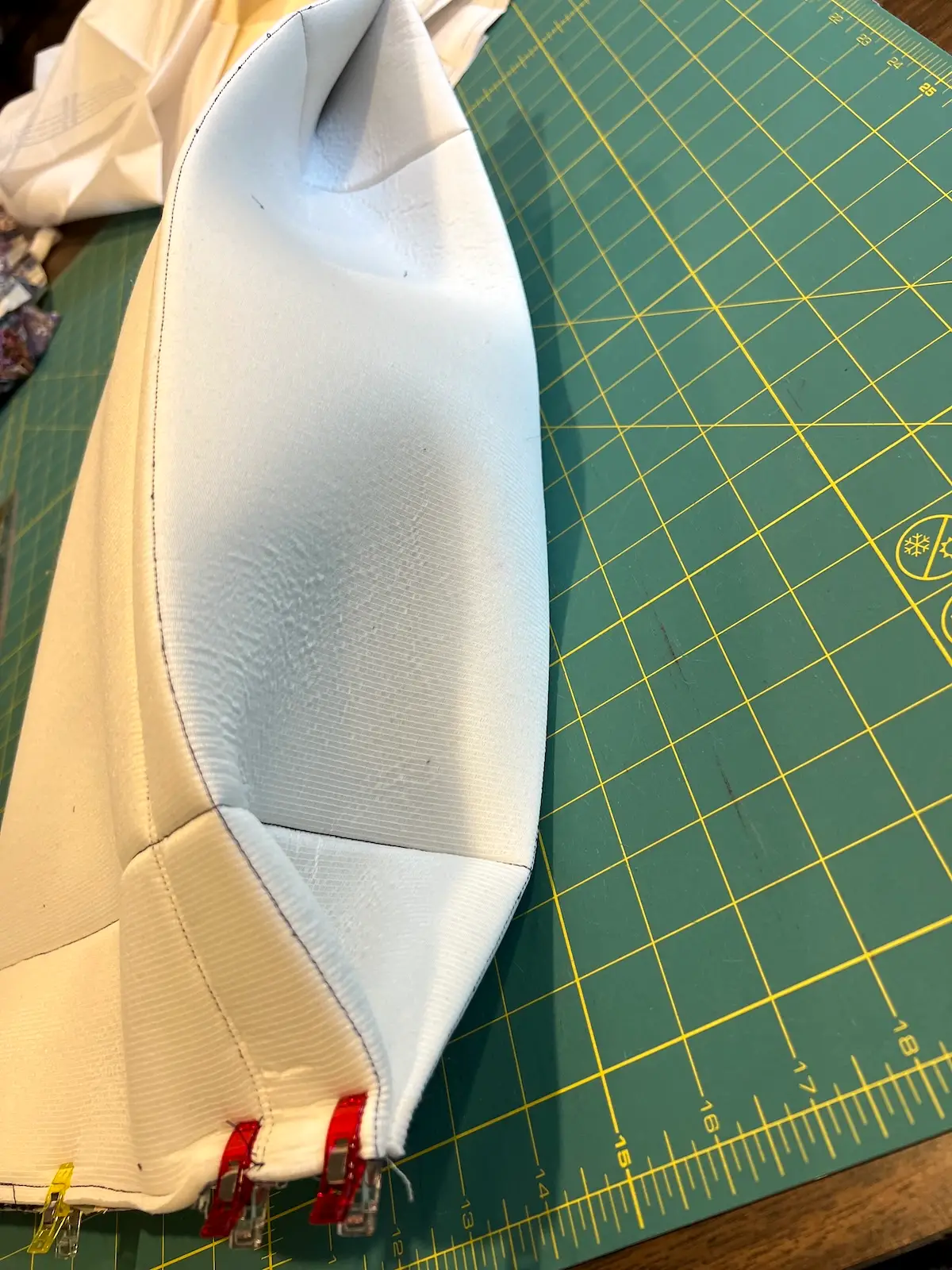 Blue patchwork bag showing both bottom folds on the bag