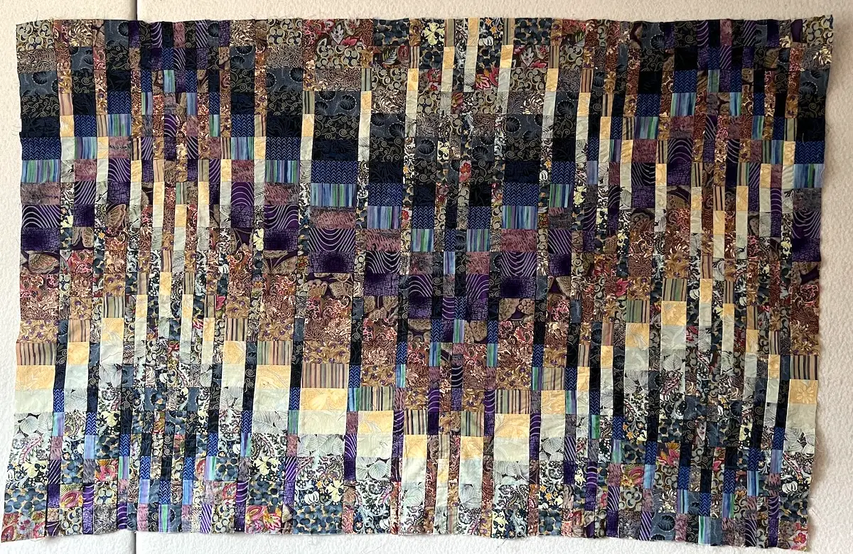 Blue patchwork bag starting patchwork bargello piece