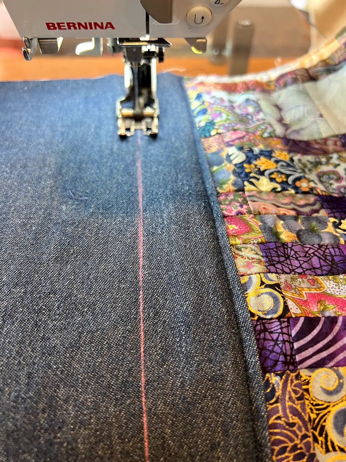 Blue patchwork bag stitch along marked line