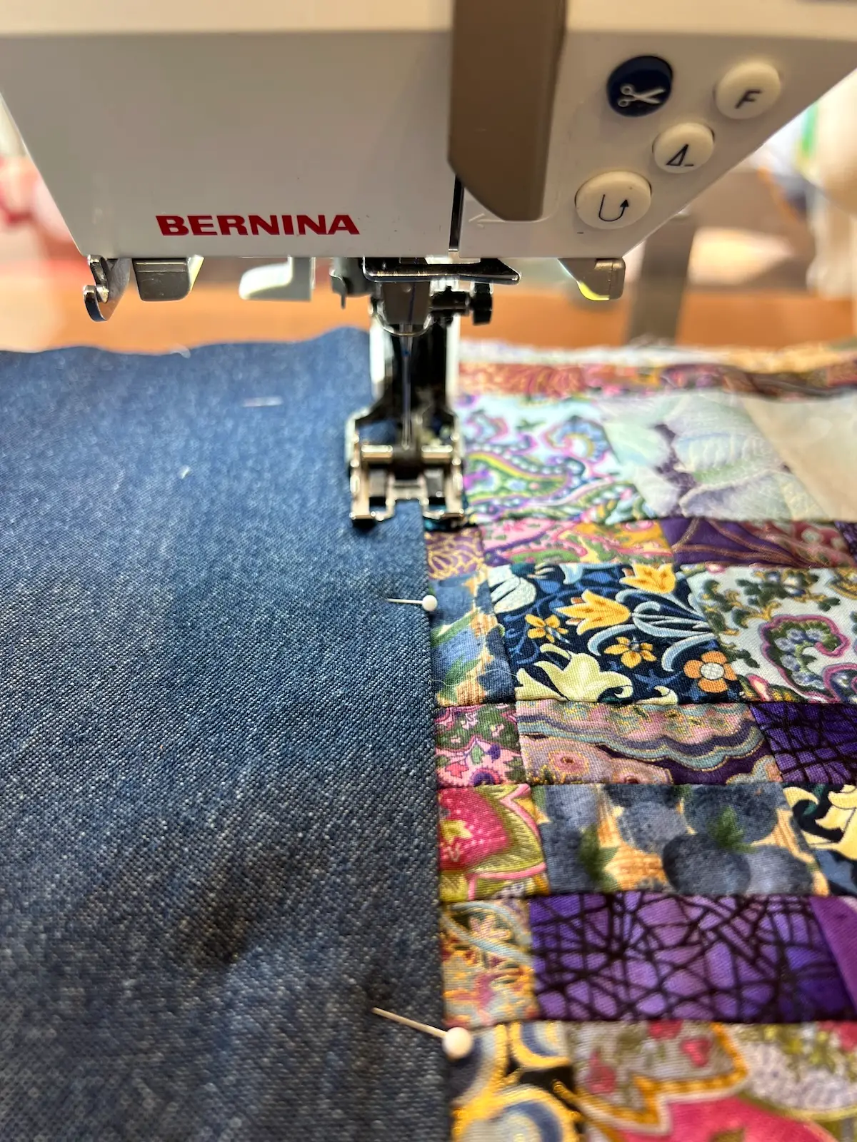 Blue patchwork bag topstitch the bottom of the bag to the patchwork