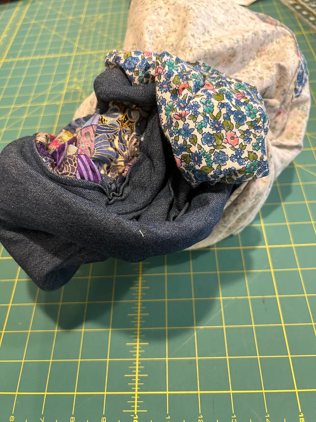 Blue patchwork bag turn bag right side out through opening