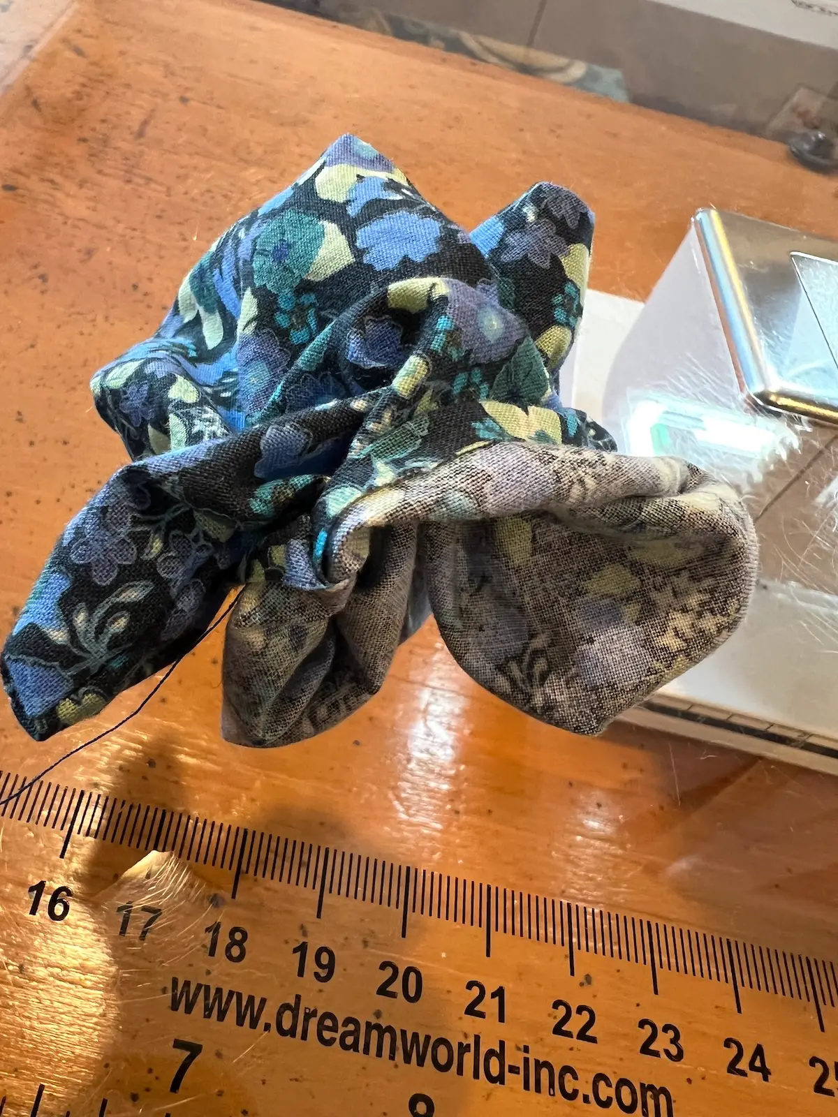 Blue patchwork bag turning the bag right side out through the opening