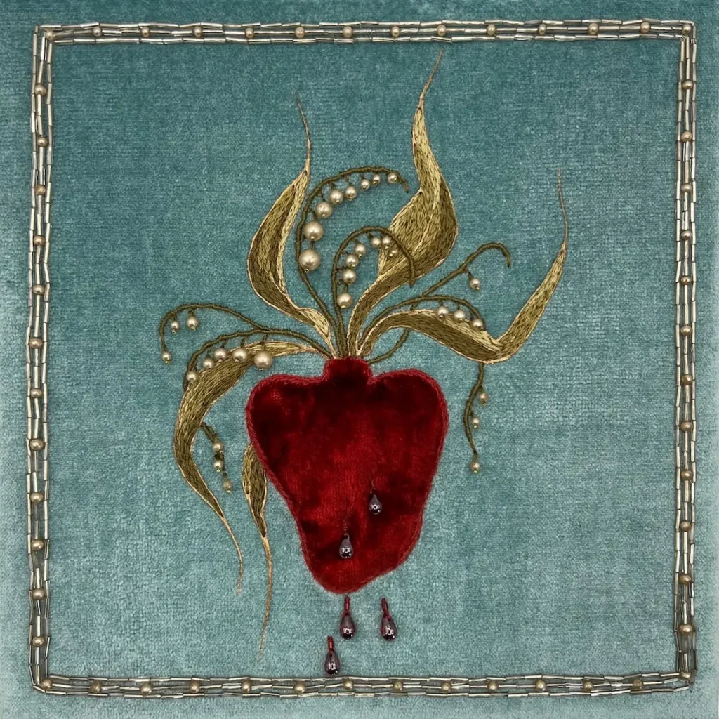 Bleeding heart textile art by Larysa Bernhart