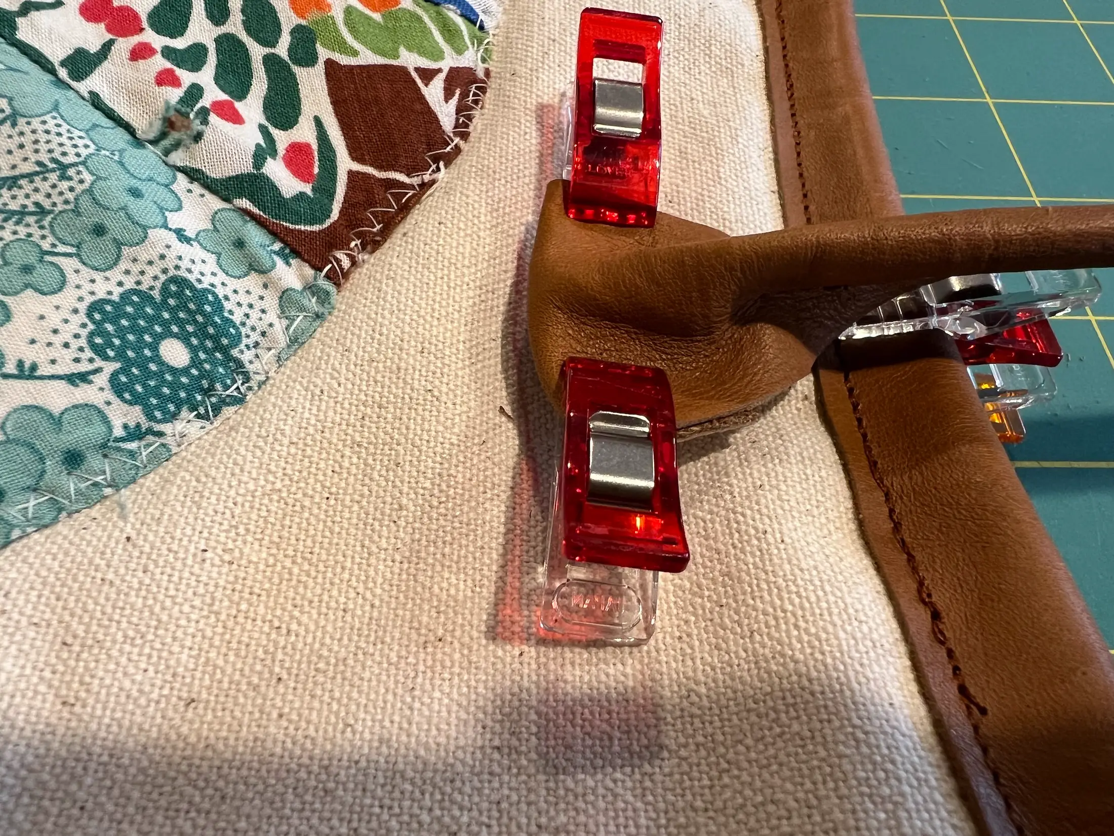 Leather handles mark where to put them with clips