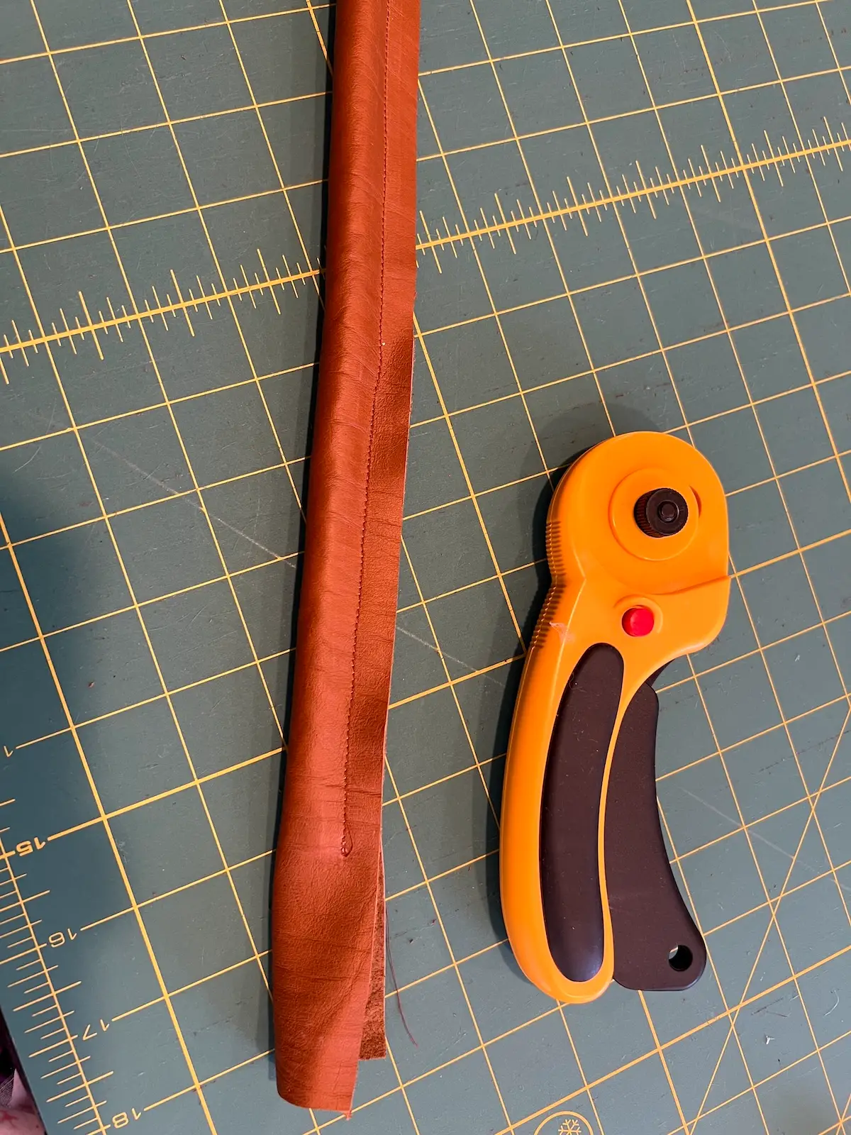 Patchwork tote handle sewn and ready to be trimmed