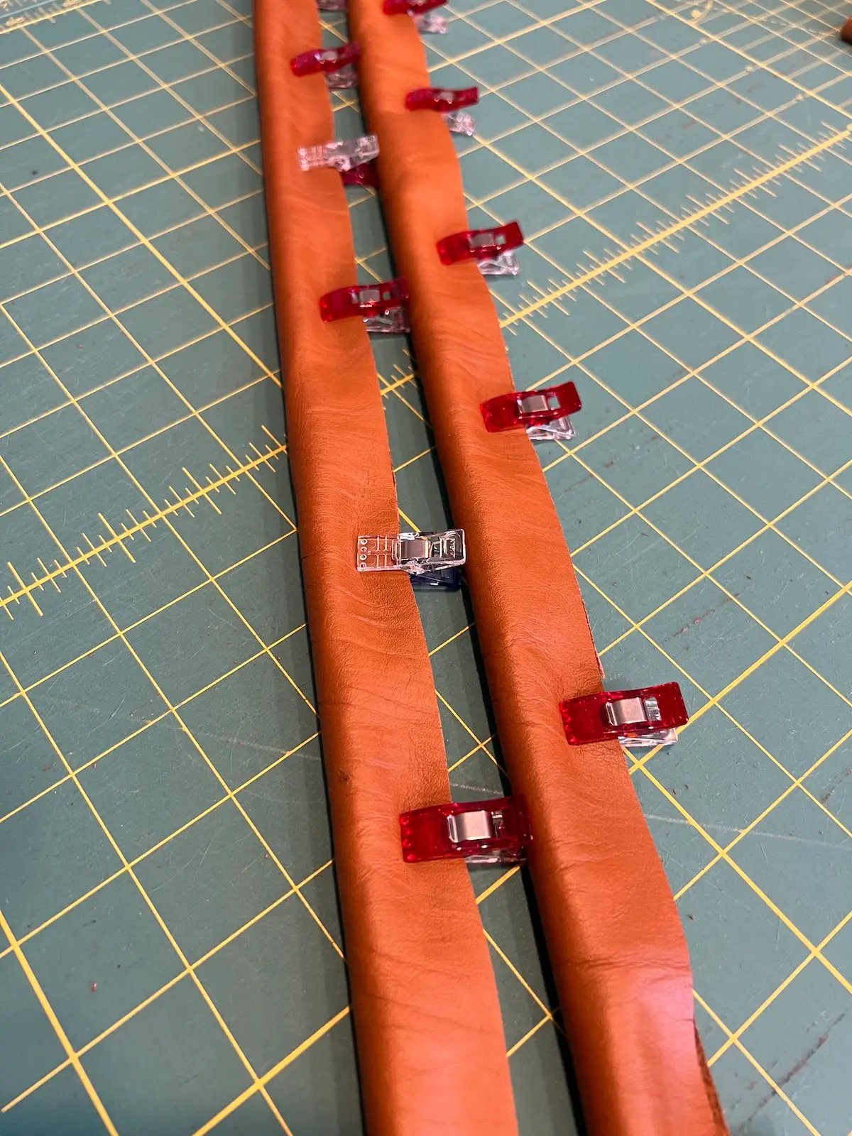 Patchwork tote leather handles clipped and ready to sew 2