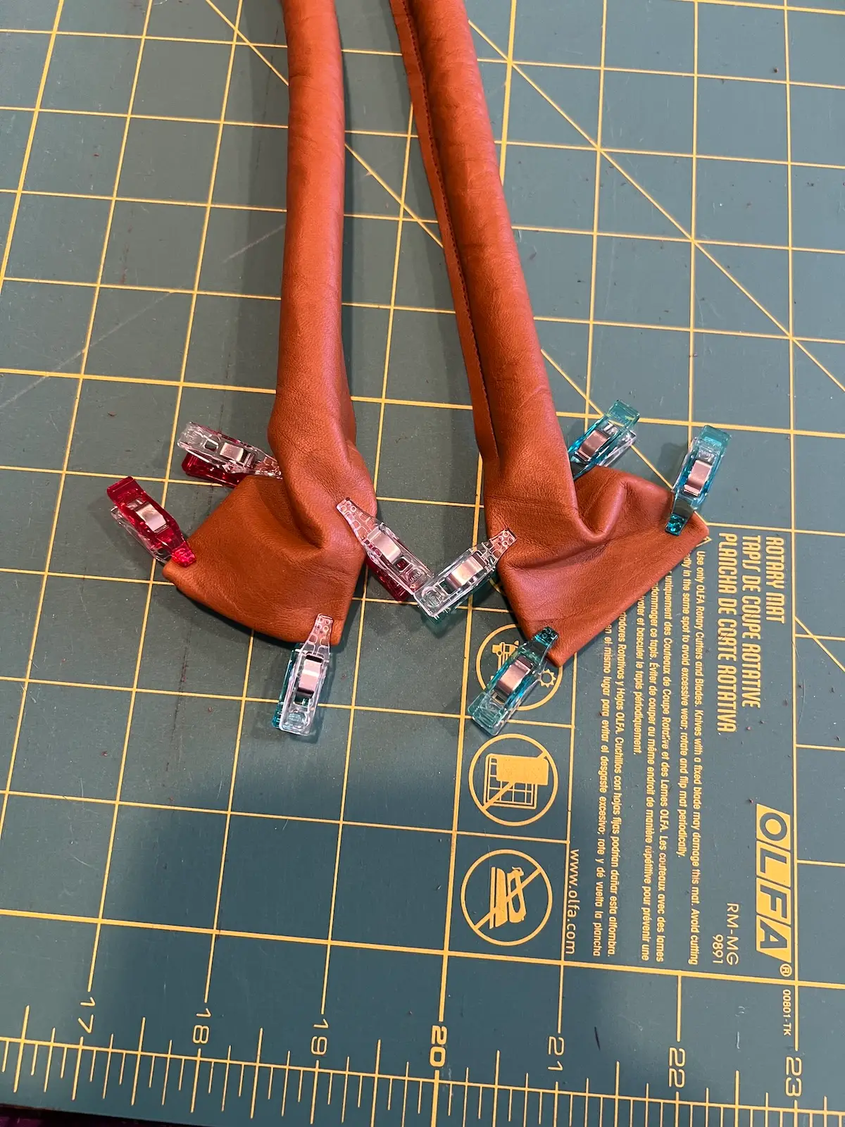 Patchwork tote leather handles clipped and ready to sew