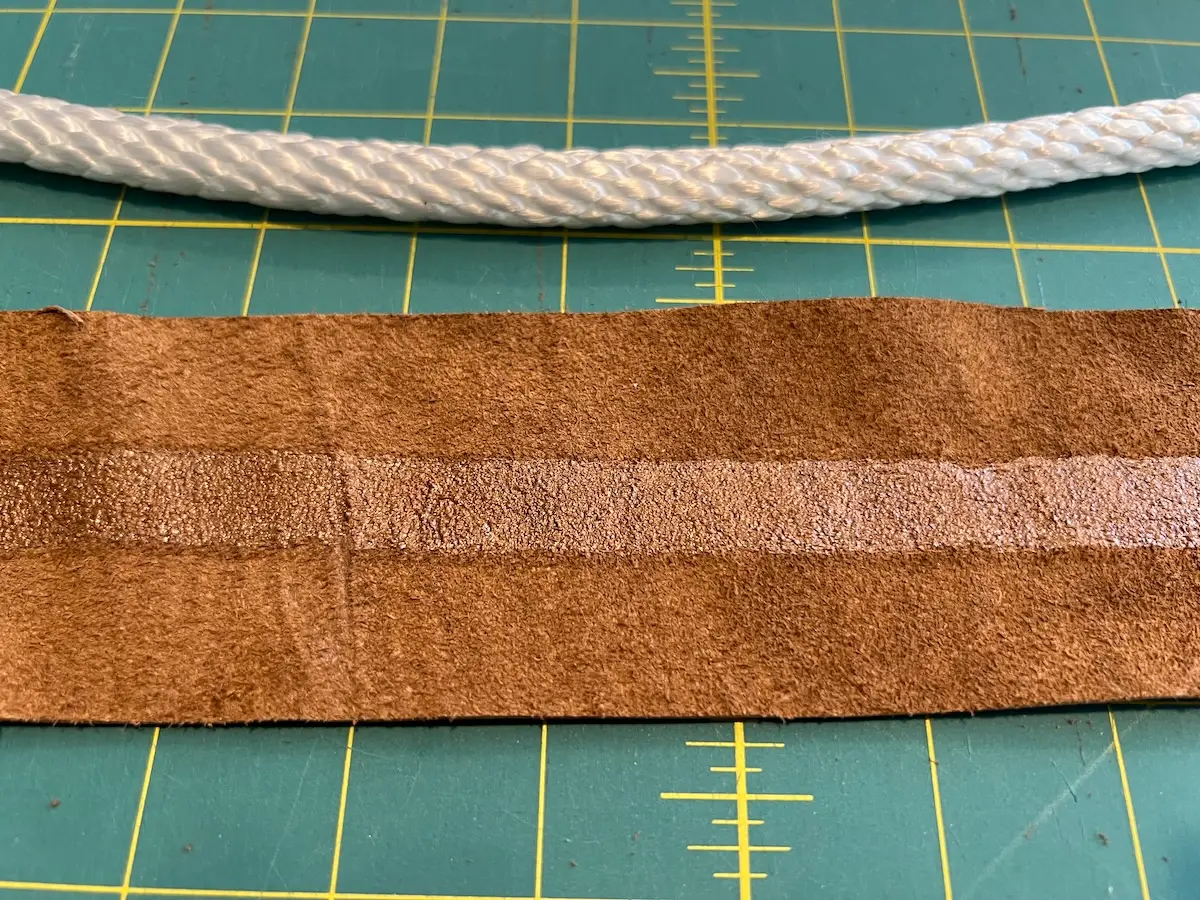 Patchwork tote leather handles glue down center of leather strip